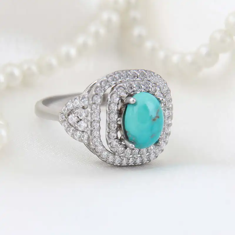 انگشتر نقره زنانه بازرگانی میلادی مدل فیروزه طبیعی نیشابور روکش رادیوم کد AWR_1633