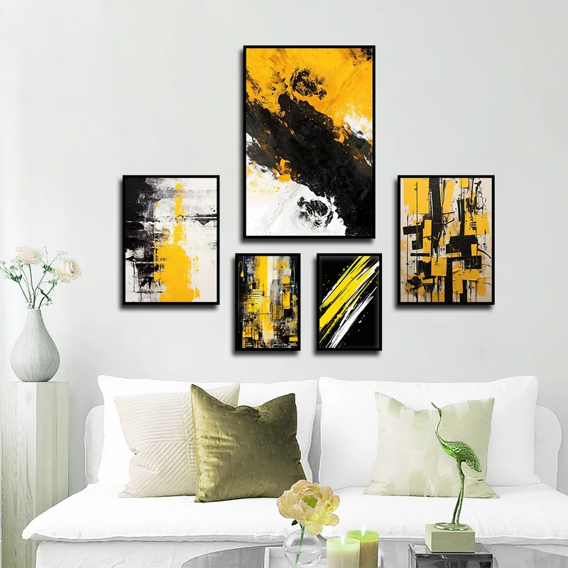 تابلو بکلیت طرح مدرن نقاشی خطوط مدل B-3504 فریم مشکی مجموعه 5 عددی