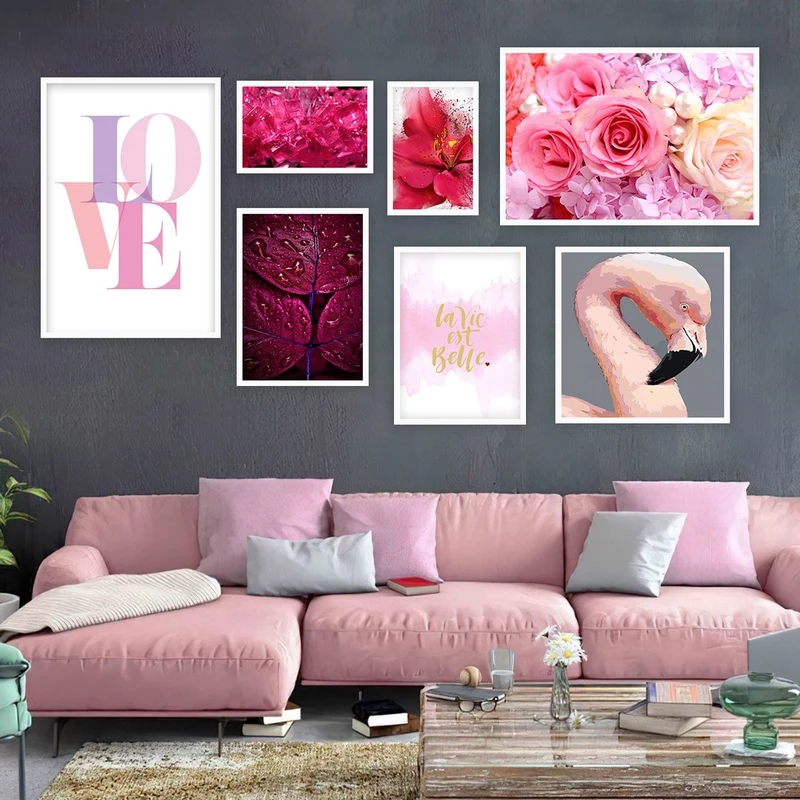 تابلو بکلیت طرح گل رز صورتی و فلامینگو مدل W-708 مجموعه 7 عددی