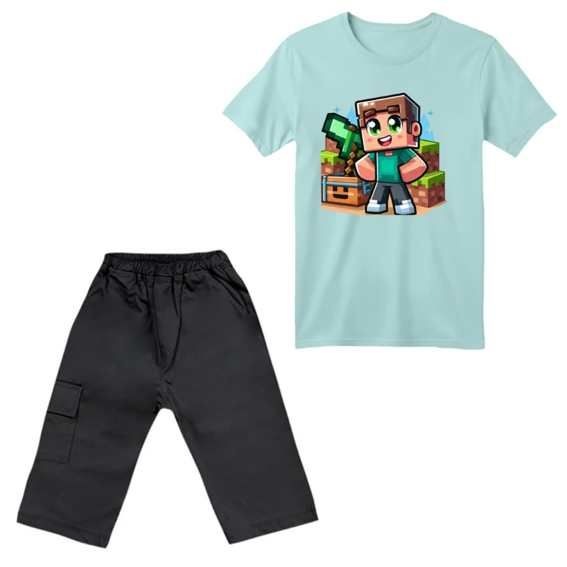 ست تی‌شرت آستین کوتاه و شلوارک پسرانه مدل ماینکرفت کد 13 رنگ آبی روشن