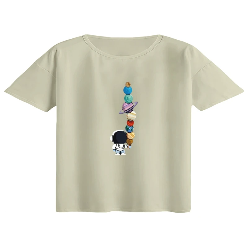 کراپ تی‌شرت آستین کوتاه زنانه مدل فضانور و بستنی و سیاره ها