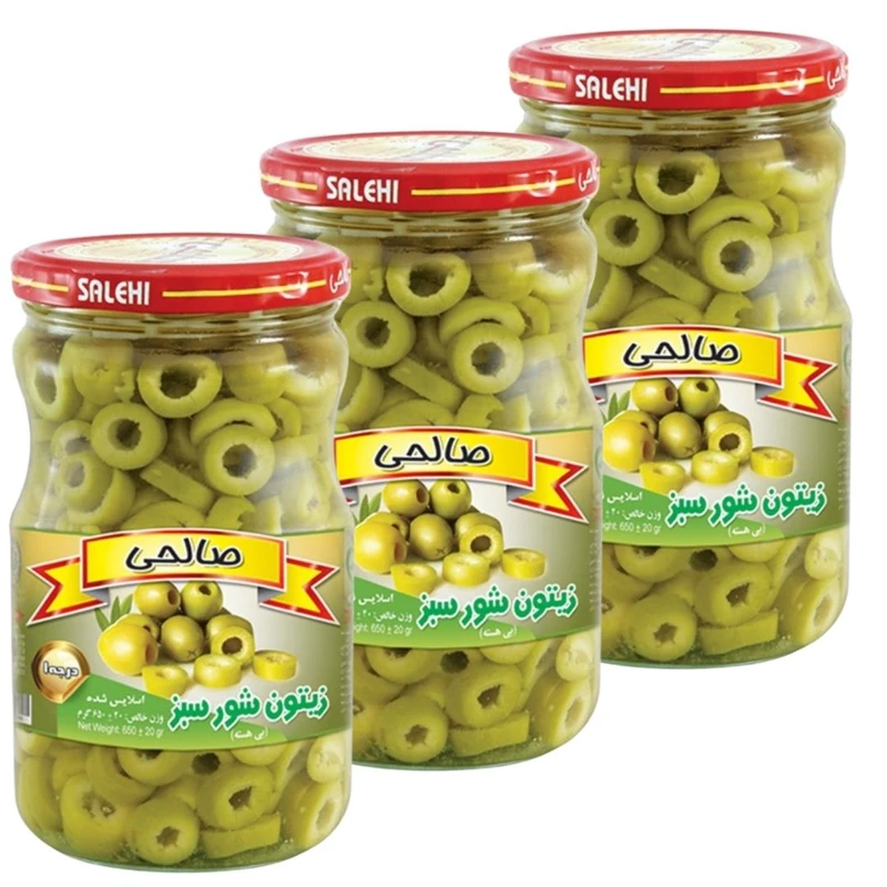 زیتون شور سبز ویژه بدون هسته صالحی - 650 گرم مجموعه 3 عددی