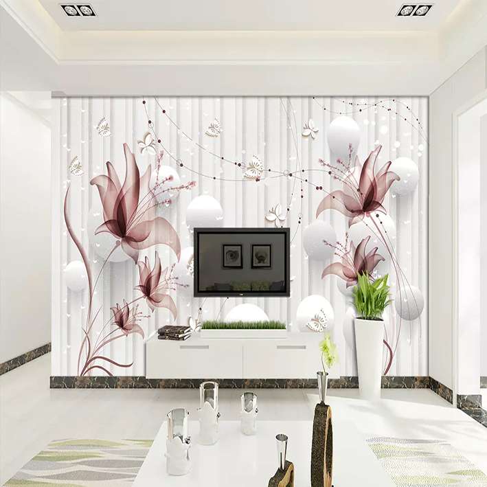 پوستر دیواری سه بعدی مدل گل نقاشی زمینه سفید راه راه گوی DVRF2138