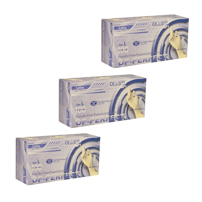 دستکش لاتکس غیر پودری مدل اوپی پرفکتL1 سایز بزرگ (L) بسته 3 بسته 100 عددی