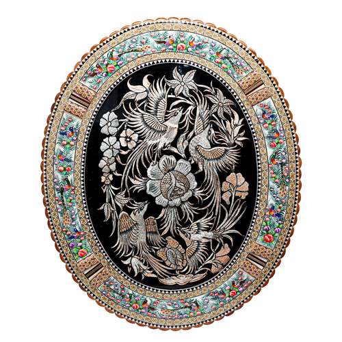 تابلو قلمزنی مدل الیپس قاب خاتم و نقاشی طرح گل و مرغ برجسته کد 55p66-3f4gr