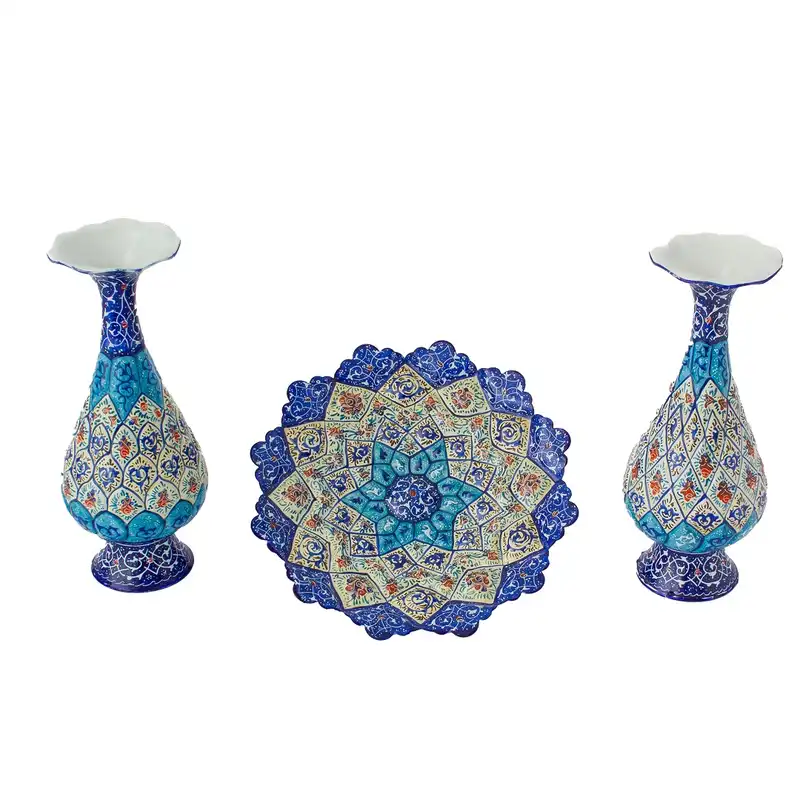 ست گلدان و بشقاب میناکاری مدل M2 مجموعه 3 عددی