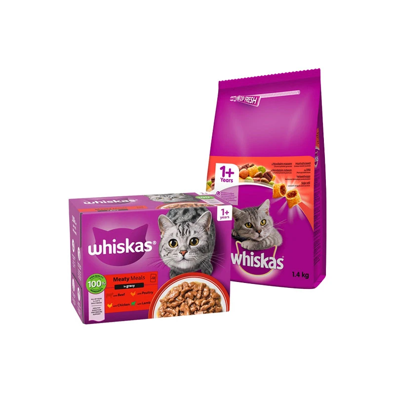 پوچ و غذای خشک گربه بالغ ویسکاس مدل Cat Meaty Meals با طعم میکس گوشت و مرغ بسته 2 عددی