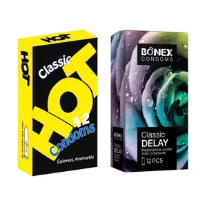 کاندوم بونکس مدل Classic Delay بسته 12 عددی به همراه کاندوم هات مدل Classic Aromatic بسته 12 عددی