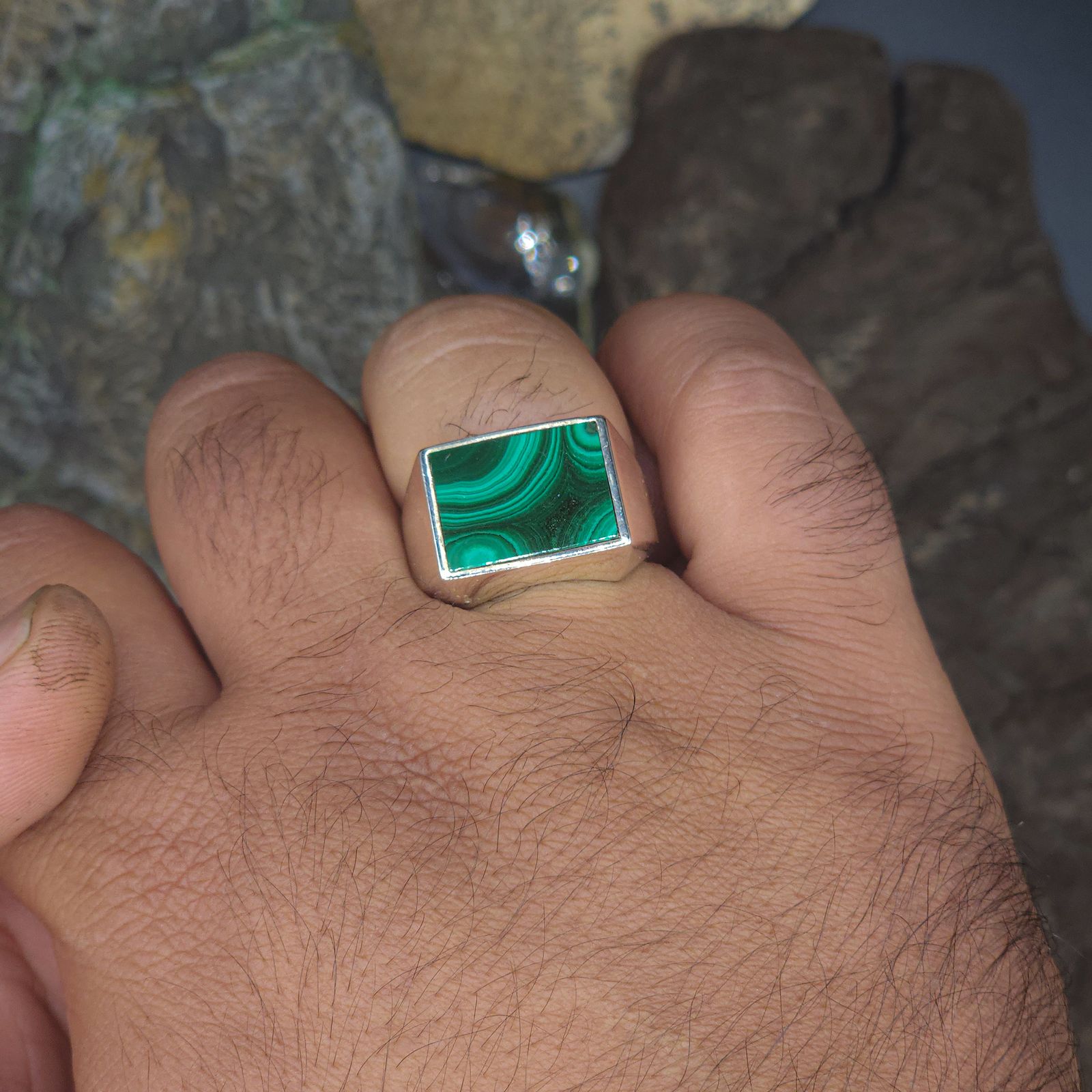 انگشتر نقره مردانه دلی جم مدل مستطیل افقی نگین مالاکیت طبیعی - - 8