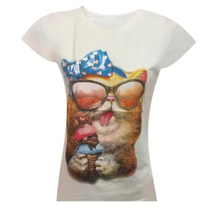 تی شرت آستین کوتاه زنانه مدل نخی ویسکوز چاپی گربه بستنی خور کد tm-2163 رنگ سفید