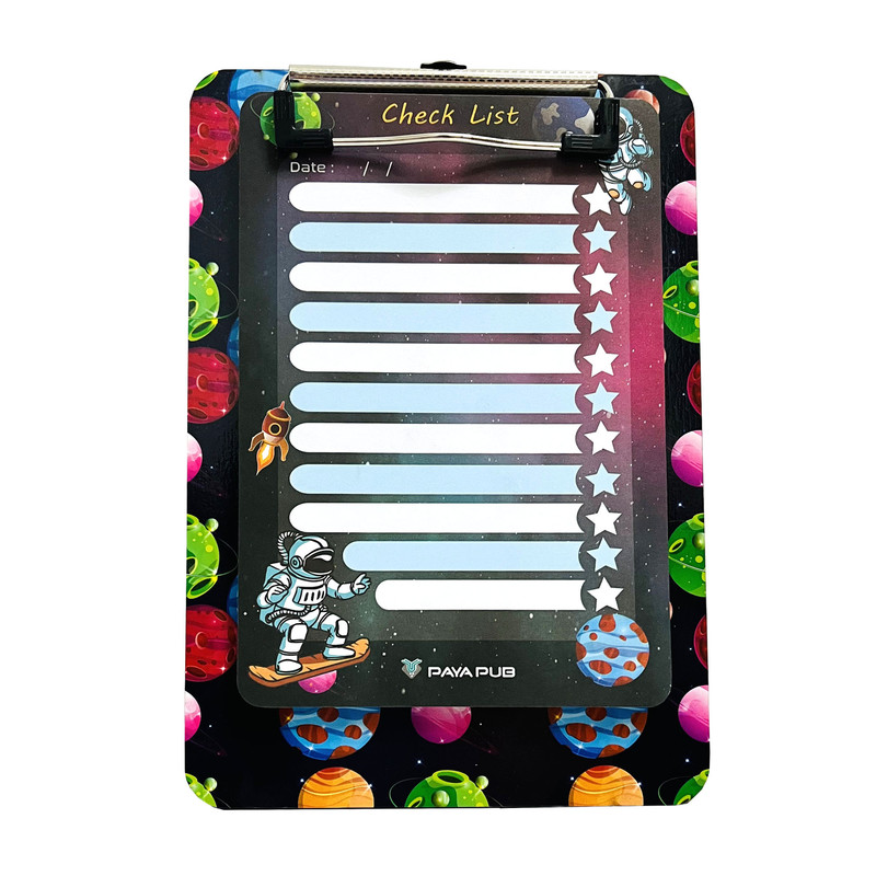 تخته شاسی پایاپاب مدل چک لیست طرح سیاره سایز A5 به همراه کاغذ یادداشت
