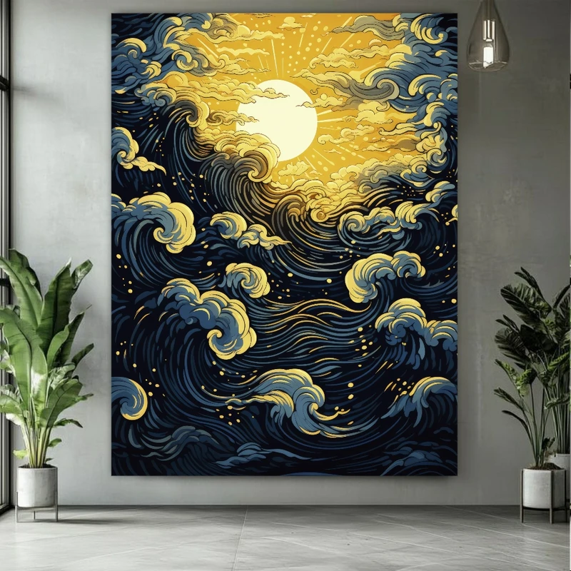 پوستر پارچه ای طرح مخمل نقاشی خورشید مدل دریای خروشان کد PY336