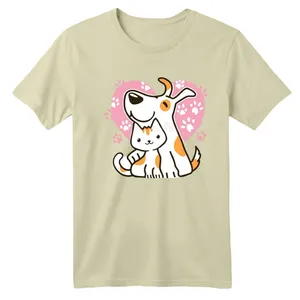 تی شرت آستین کوتاه بچگانه مدل سگ و گربه کد 2 رنگ کرم روشن