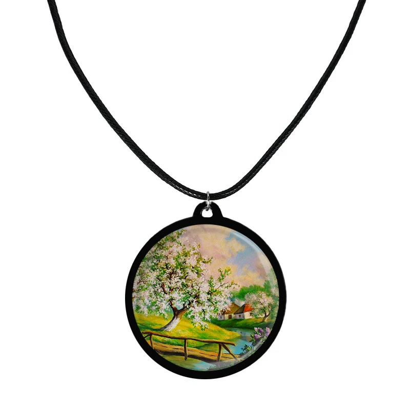 گردنبند مدل دو طرفه طرح نقاشی رنگ روغن چشم انداز بهاری رودخانه پل و جنگل کد 1040