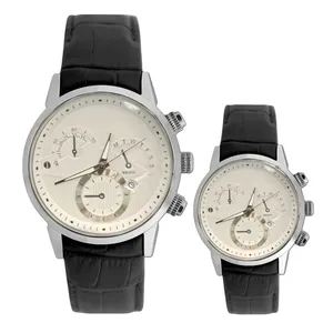 ست ساعت مچی عقربه‌ای کوارتز زنانه و مردانه مدل تک موتوره تقویم دار بند چرم قفل فیکس کد RM4