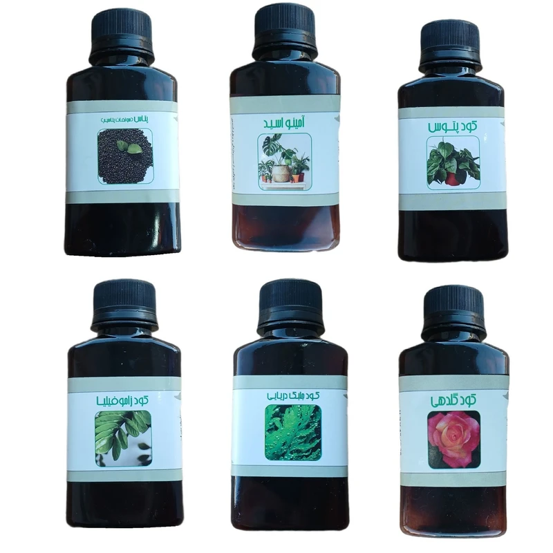 کود مایع پتاس و امینو اسید و پتوس و جلبک دریایی و زاموفیلیا و کود گلدهی مدل life drop حجم 110 میلی لیتر بسته 6 عددی