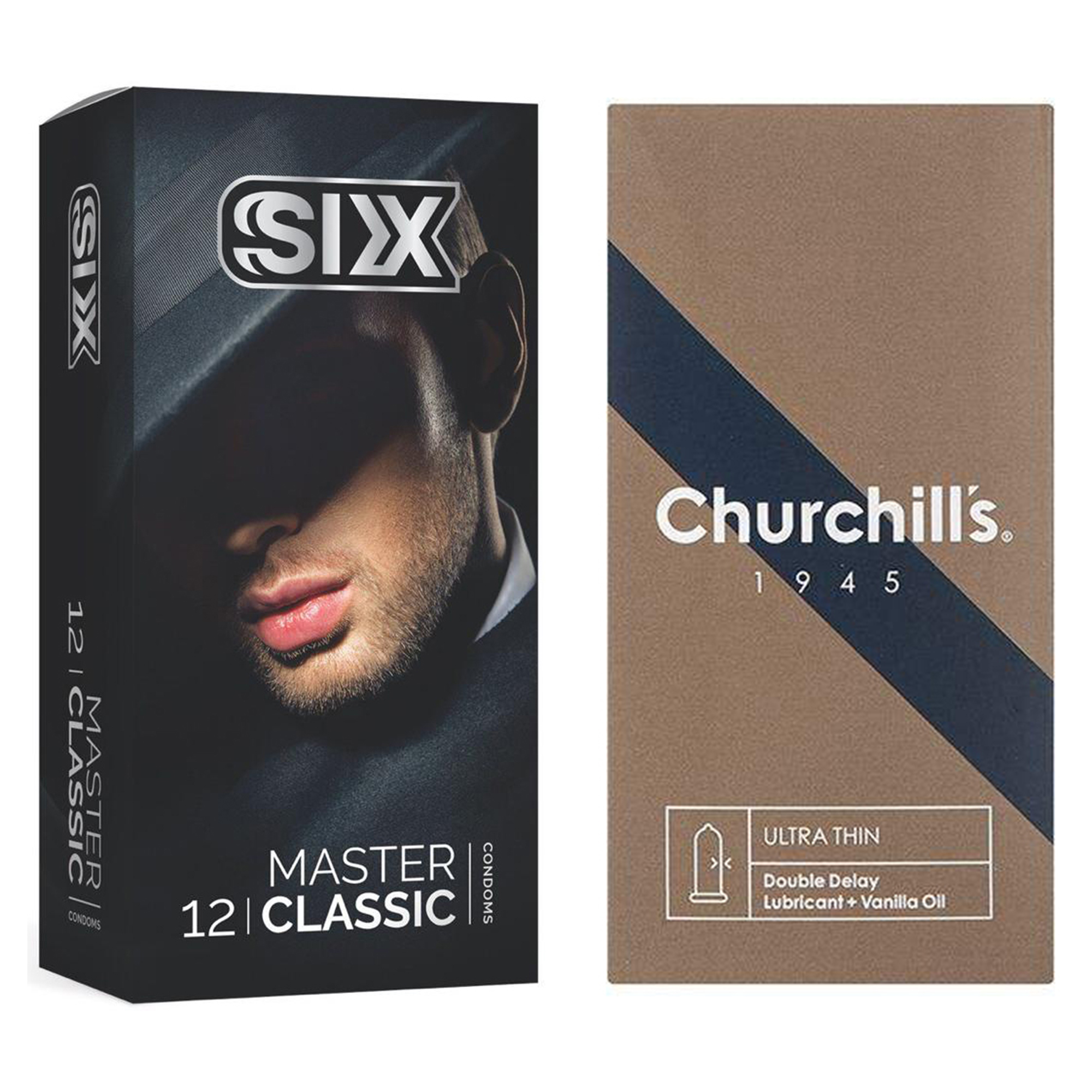 کاندوم چرچیلز مدل Ultra Thin Double Delay بسته 12 عددی به همراه کاندوم سیکس مدل کلاسیک بسته 12 عددی