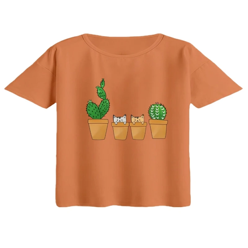 کراپ تی‌شرت آستین کوتاه زنانه مدل کاکتوس و گربه
