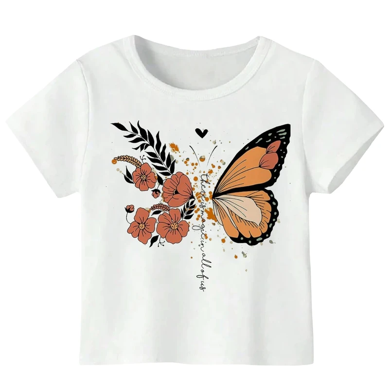 تی‌شرت آستین کوتاه دخترانه مدل W136 طرح پروانه