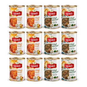 کنسرو خورشت قیمه و سیب زمینی با سویا و کنسرو خورشت قورمه سبزی با سویا شهدین - 370 گرم بسته 12 عددی
