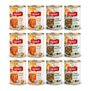 کنسرو خورشت قیمه و سیب زمینی با سویا و کنسرو خورشت قورمه سبزی با سویا شهدین - 370 گرم بسته 12 عددی
