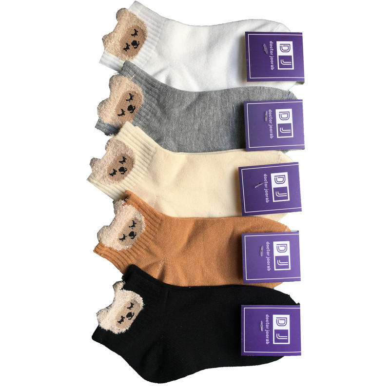 جوراب ساق کوتاه زنانه دکتر جوراب مدل پنبه گوش دار طرح خرس بسته 5 عددی