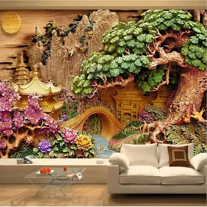 پوستر دیواری سه بعدی مدل درخت چوبی برگ سبز گل رنگی DVRF2141