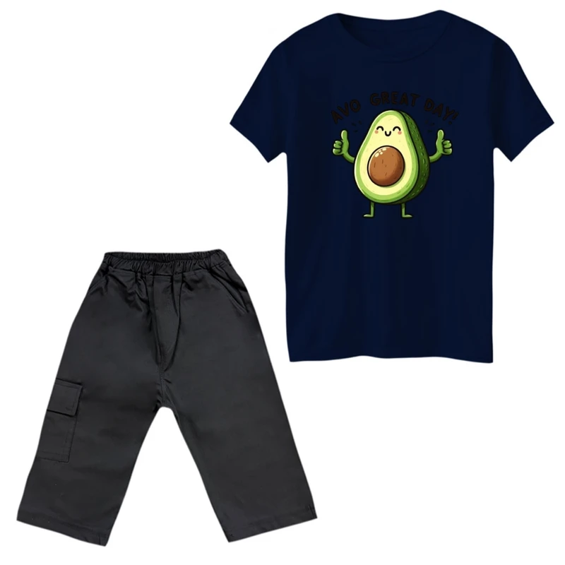 ست تی‌شرت و شلوارک پسرانه مدل آووکادو خوشحال رنگ سورمه ای