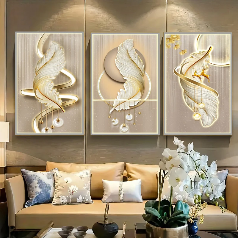 تابلو مدل دکوراتیو مدرن طرح پرهای نورانی و گوزن مجموعه سه عددی