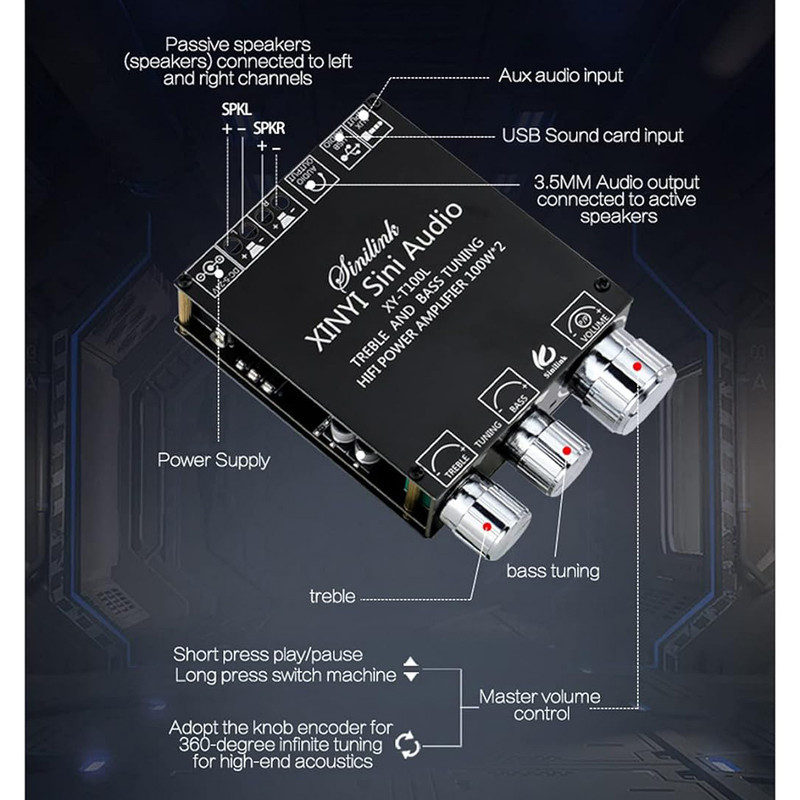 ماژول آمپلی فایر بلوتوثی سینیلینک مدل 100w_x2 کد BassTreble