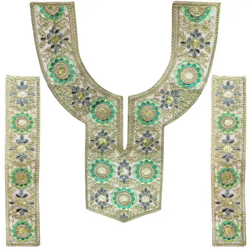 یراق مدل یقه و آستین آماده طرح گل سیکا کد 2 مجموعه 3 عددی