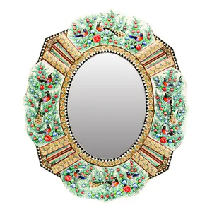 آینه خاتم کاری چوبی صنایع دستی فاخر مدل الیپتیک طرح گل و مرغ برجسته کد 51p44Gr