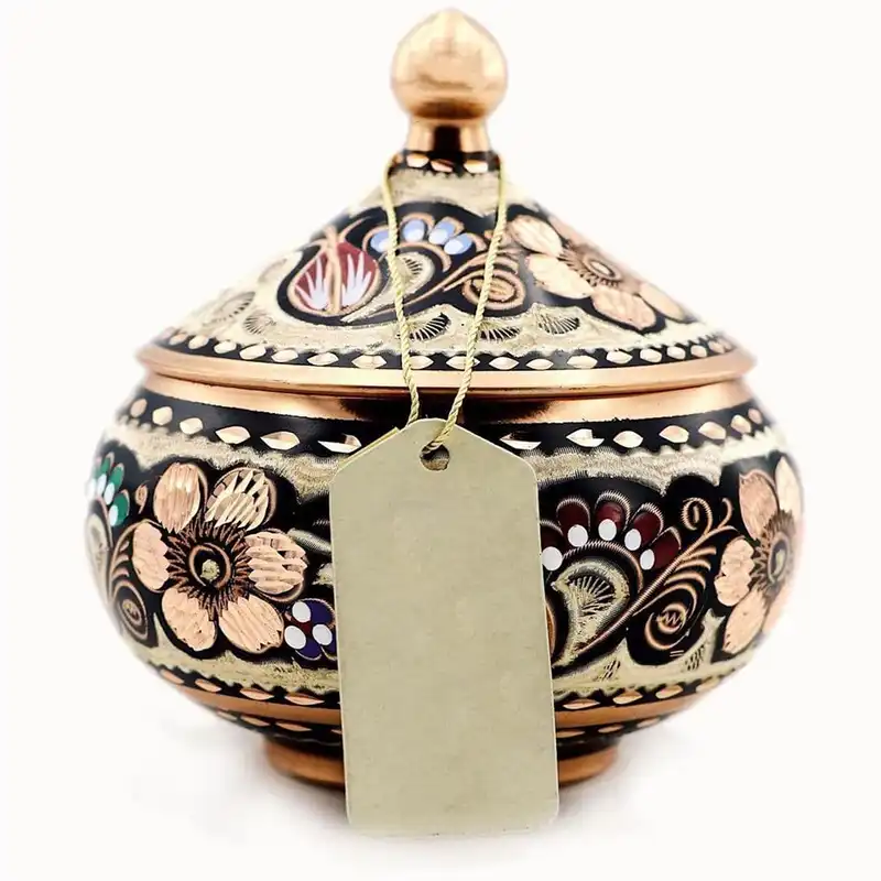 قندان میناکاری مسی طرح  شکم دار درب دار کد 187