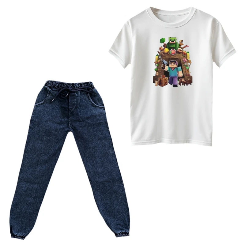 ست تی‌شرت و شلوار پسرانه مدل ماینکرفت کد 18 رنگ سفید