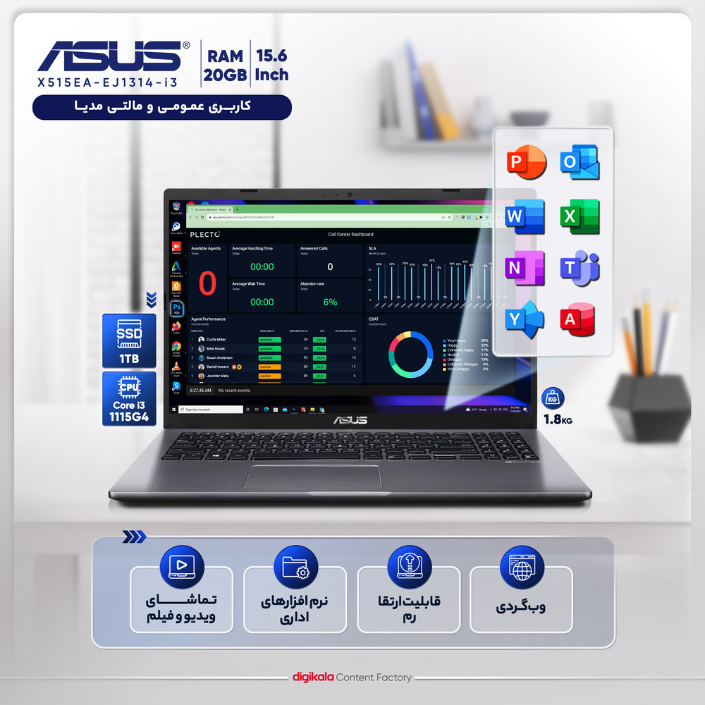 لپ تاپ 15.6 اینچی ایسوس مدل X515EA-EJ1314-i3 1115G4 20GB 1SSD - کاستوم شده
