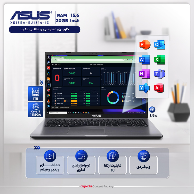 لپ تاپ 15.6 اینچی ایسوس مدل X515EA-EJ1314-i3 1115G4 20GB 1SSD - کاستوم شده