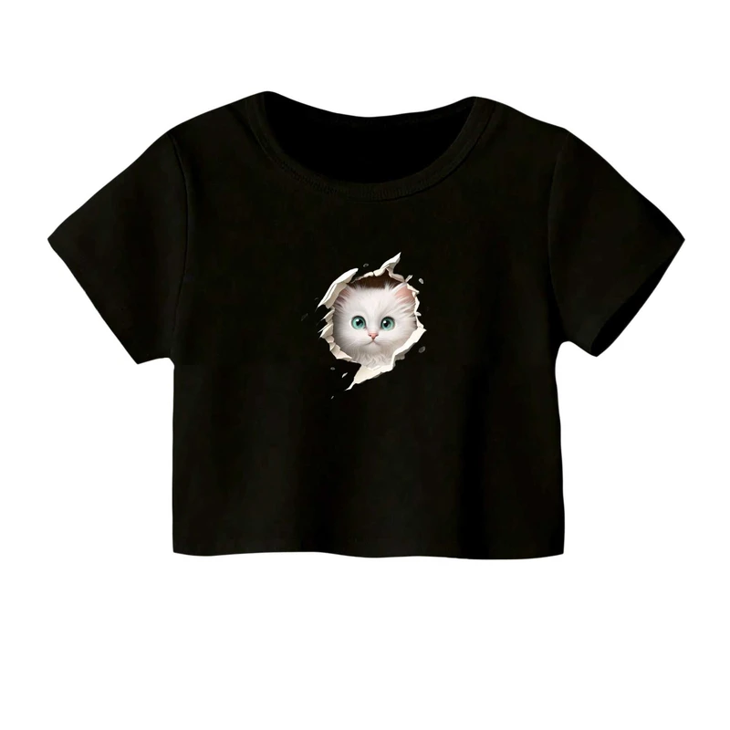 کراپ‌ تی‌شرت آستین کوتاه زنانه مدل گربه کد 3