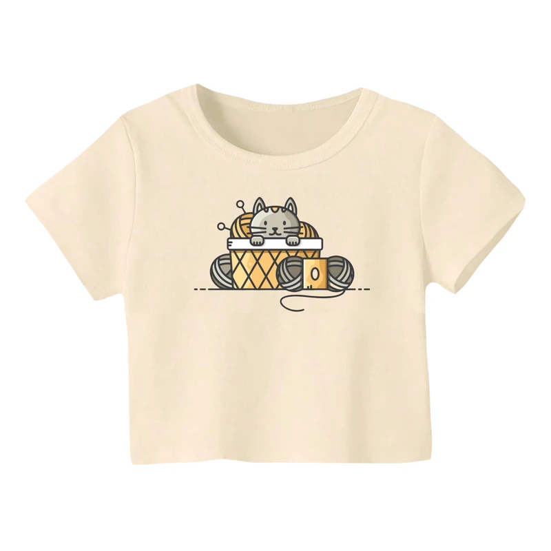 کراپ‌ تی‌شرت آستین کوتاه زنانه مدل گربه کد 3