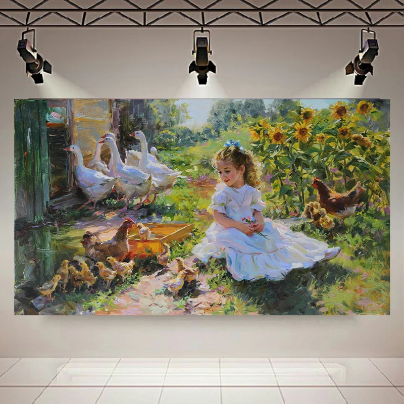 تابلو بوم طرح مخمل مدل نقاشی دختری در مزرعه اثر کنستانتین رازوموف کد AR30809