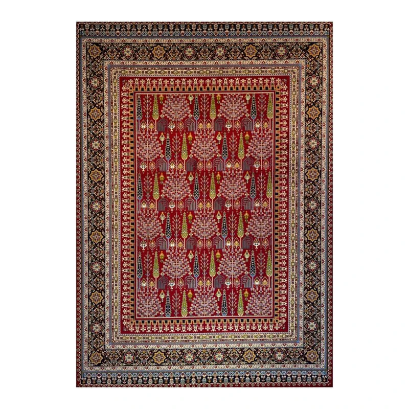 فرش ماشینی 700 شانه زمینه لاکی حاشیه سرمه ای مدل آکرولیک قشقایی