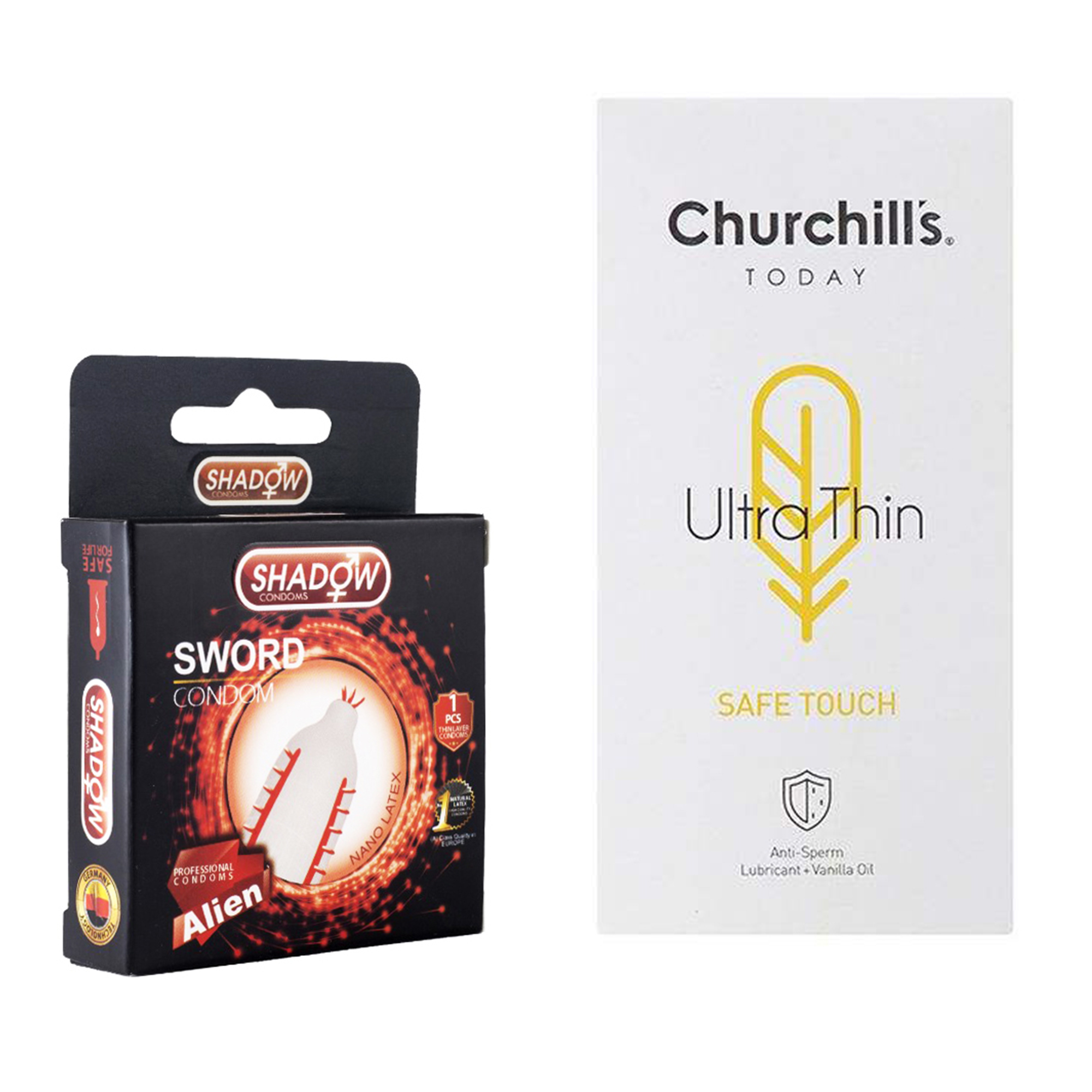 کاندوم چرچیلز مدل Safe Touch بسته 12 عددی به همراه کاندوم شادو مدل Sword