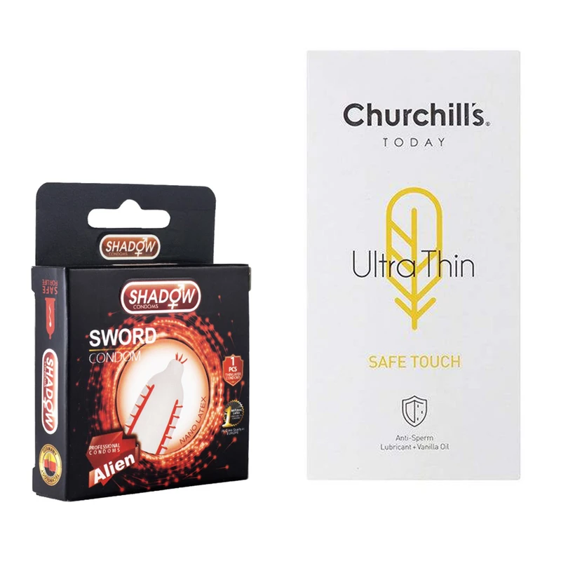 کاندوم چرچیلز مدل Safe Touch بسته 12 عددی به همراه کاندوم شادو مدل Sword