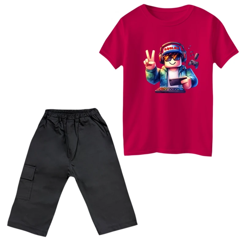 ست تی‌شرت و شلوارک پسرانه مدل روبلاکس کد 3 رنگ سرخابی