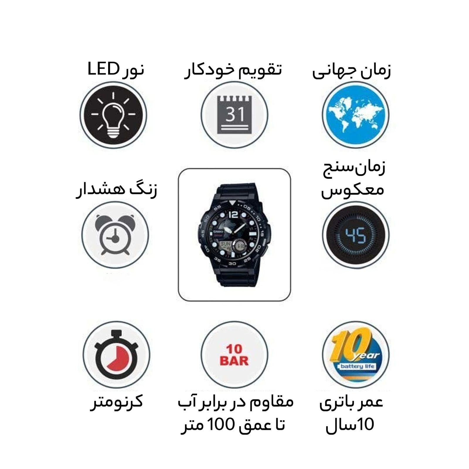 ساعت مچی عقربه ای مردانه کوارتز کرنوگراف کاسیو مدل AEQ-100W-1AVDF -  - 6