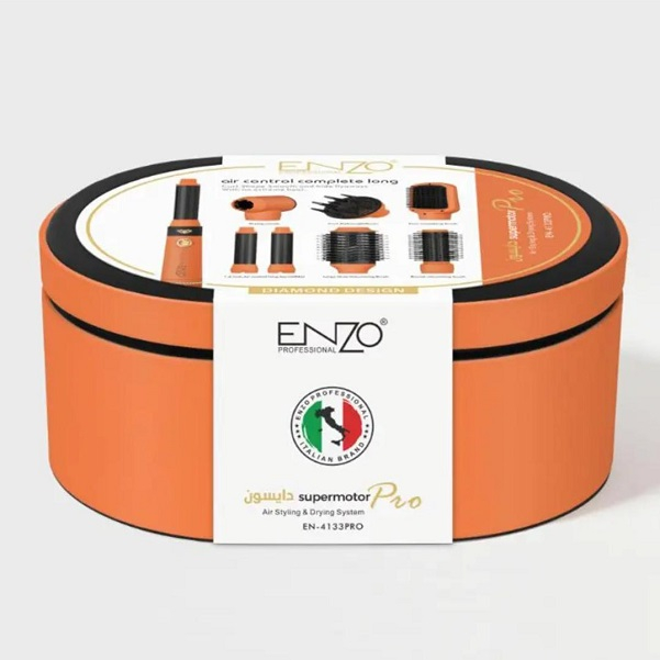 سشوار برس دار حالت دهنده انزو پروفیشینال مدل EN-4133 PRO با توان 1500 وات، موتور DC، تنظیمات دما سه حالته، تنظیم سرعت دو سرعته، فرکنندگی، صاف‌کنندگی، خشک‌کنندگی قوی، حجم‌دهندگی، همراه با سری شانه‌دار
