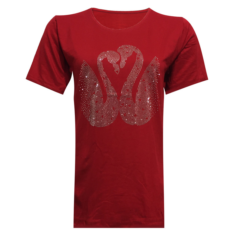 تی شرت آستین کوتاه زنانه مدل دو قوی دلبر نخی ویسکوز نگینی کد tm-1965 رنگ قرمز