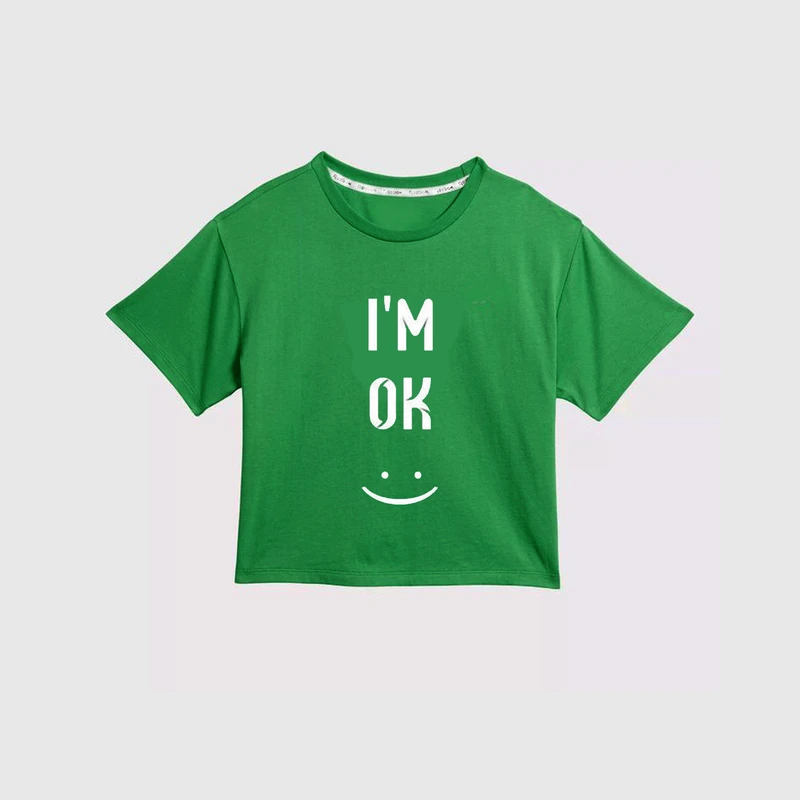 کراپ‌ تی‌شرت آستین کوتاه زنانه مدل Cc9 طرح OK