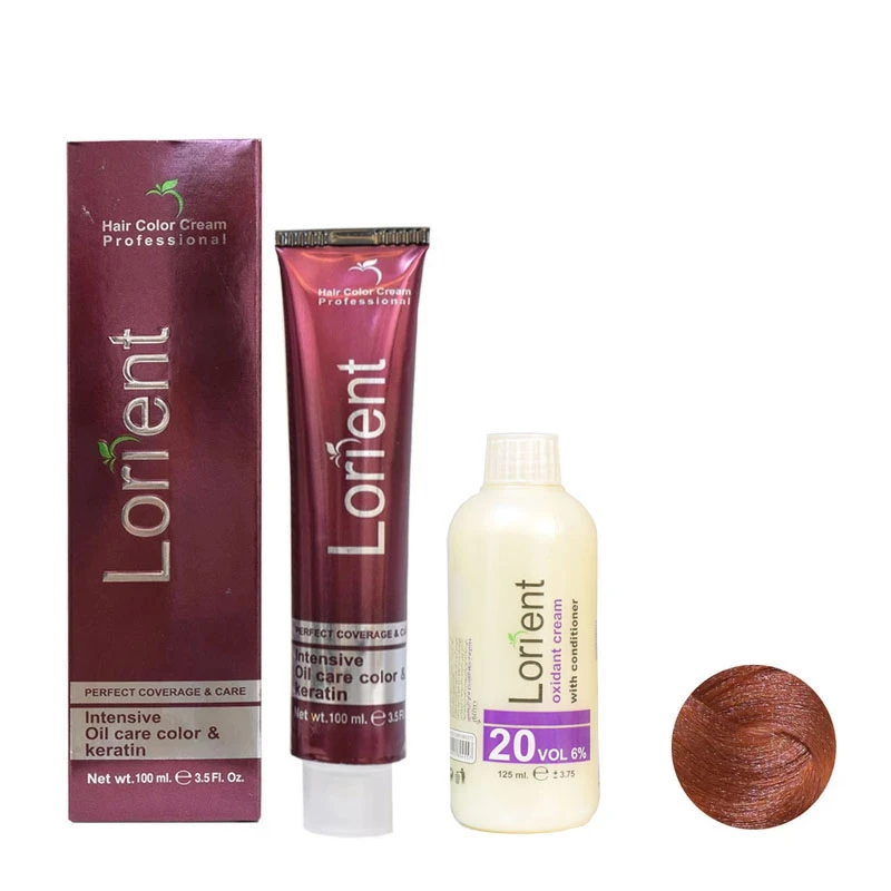 رنگ مو لورینت شماره K5 حجم 100 میلی لیتر رنگ بلوند مسی تیره به همراه اکسیدان مدل 1 شش درصدی حجم 125 میلی لیتر