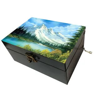 جعبه موزیکال مدل هندلی طرح نقاشی منظره جنگل درخت کوه رودخانه کد T1124