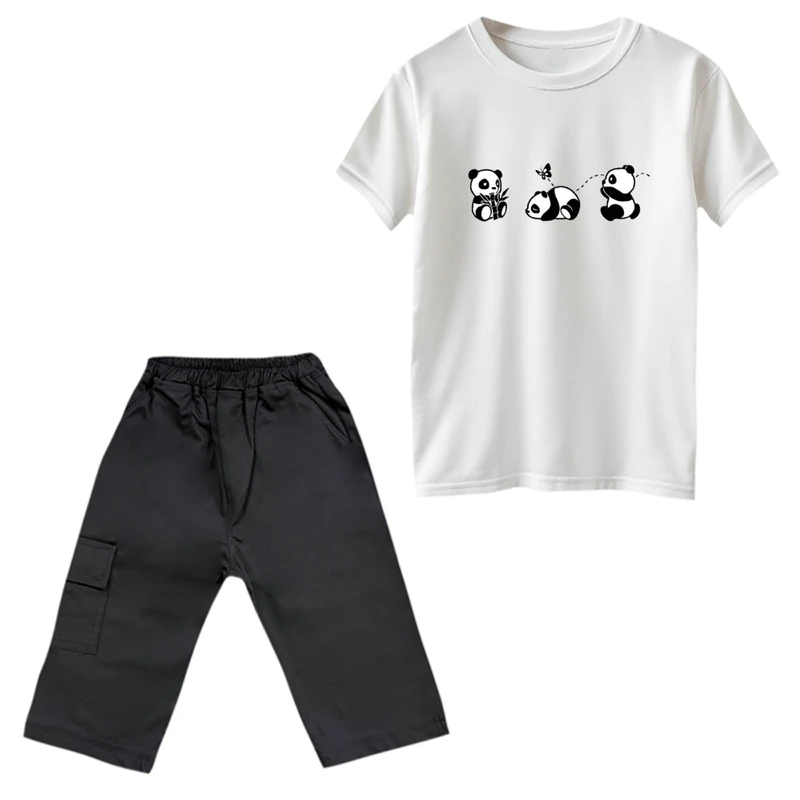 ست تی‌شرت و شلوارک پسرانه مدل پانداها رنگ سفید